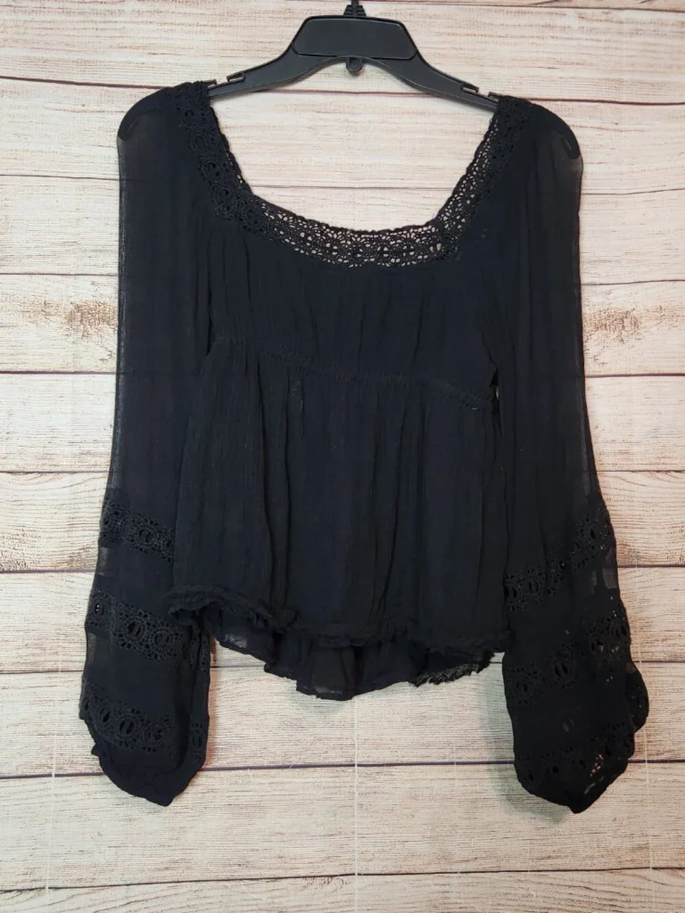 Free People Chiffon Lace Bogemian Crochet Trim Blouse Black Tunic Women's XS/TP